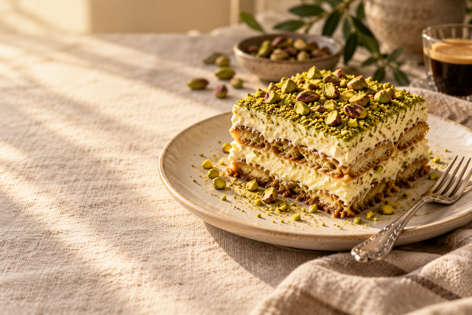Ein Stück Pistazien-Tiramisu mit cremigen Schichten und gehackten Pistazien